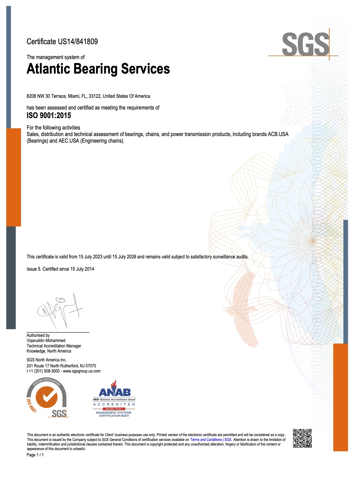 ISO 9001:2015 ABS Atlantic Bearing Services