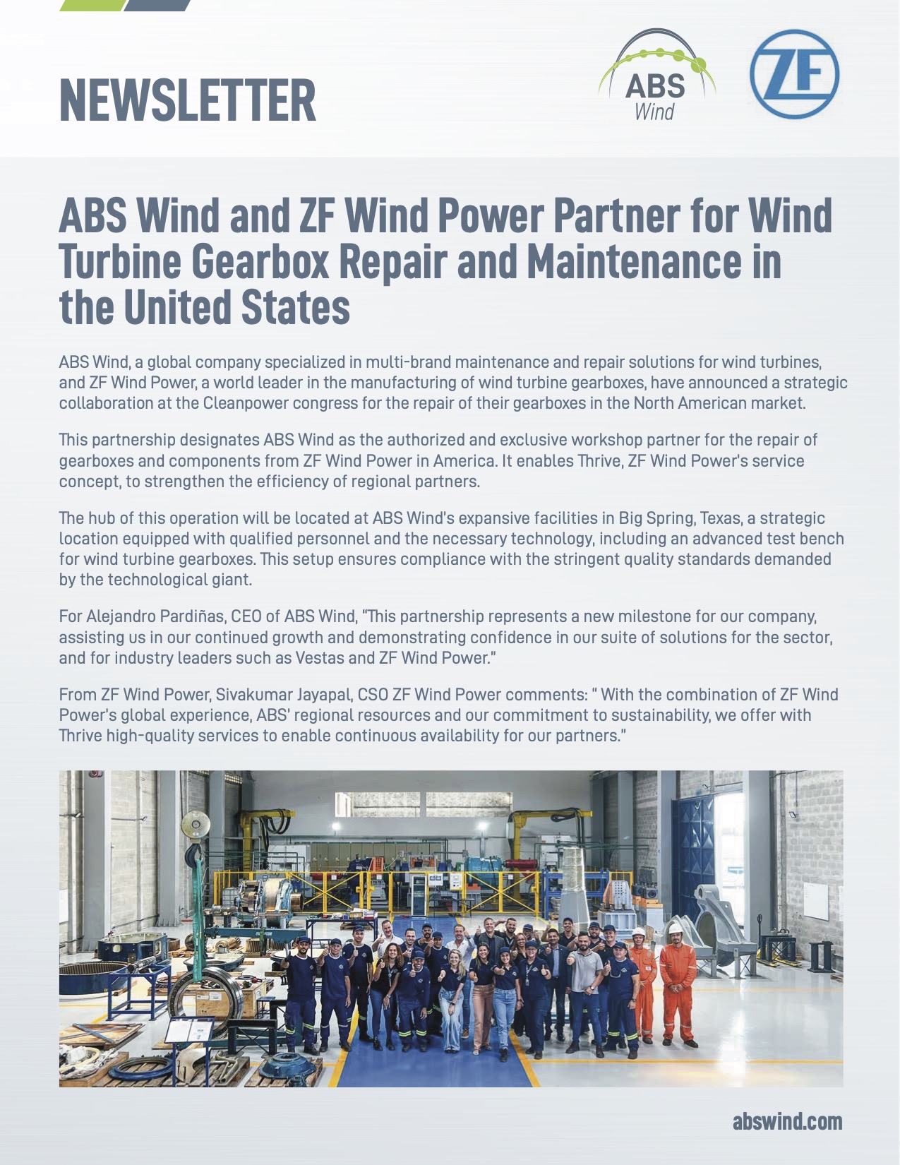 ABS Wind and ZF Wind Power Partner for Wind Turbine Gearbox Repair and Maintenance in the United States